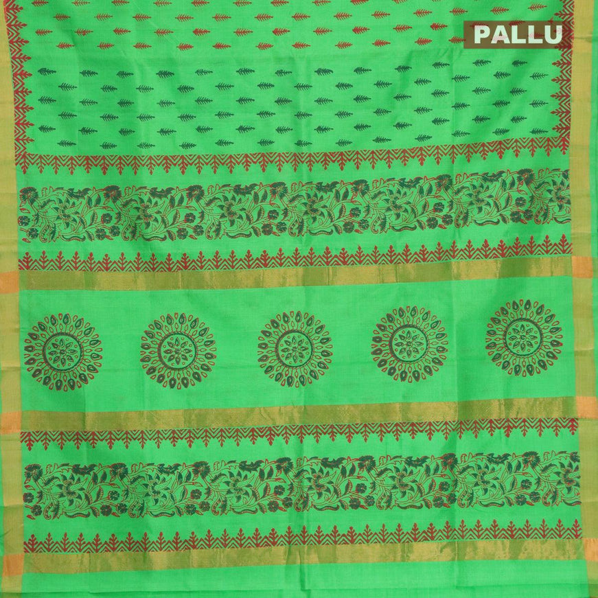 Silk cotton block printed saree parrot green with allover butta prints and zari woven border - {{ collection.title }} by Prashanti Sarees