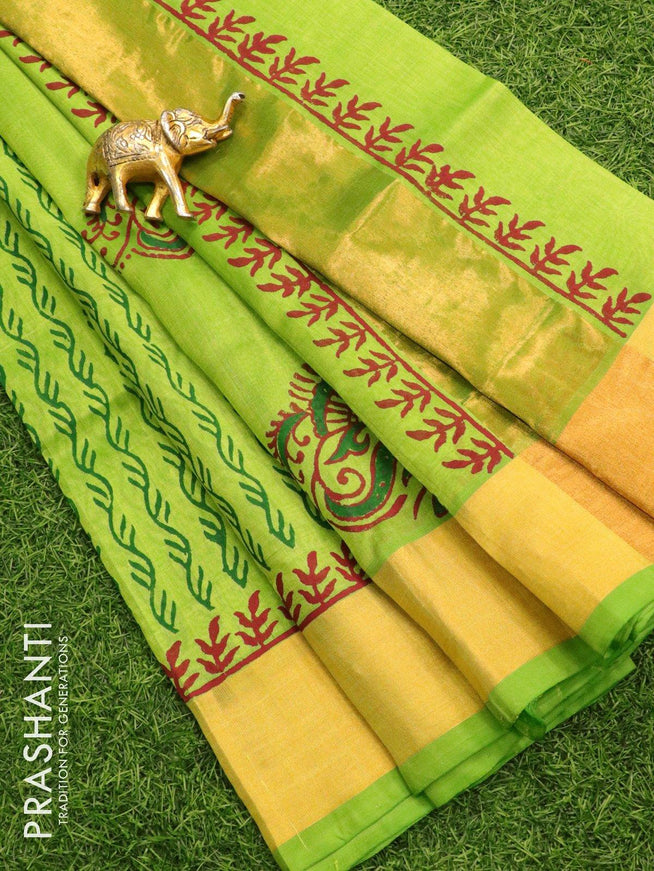 Silk cotton block printed saree parrot green with allover prints and zari woven border - {{ collection.title }} by Prashanti Sarees