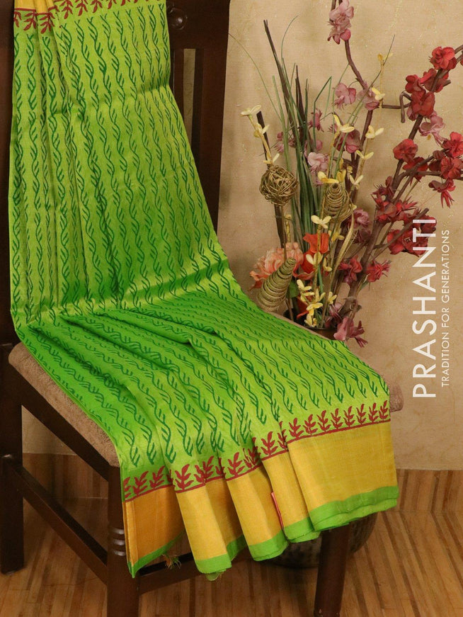 Silk cotton block printed saree parrot green with allover prints and zari woven border - {{ collection.title }} by Prashanti Sarees