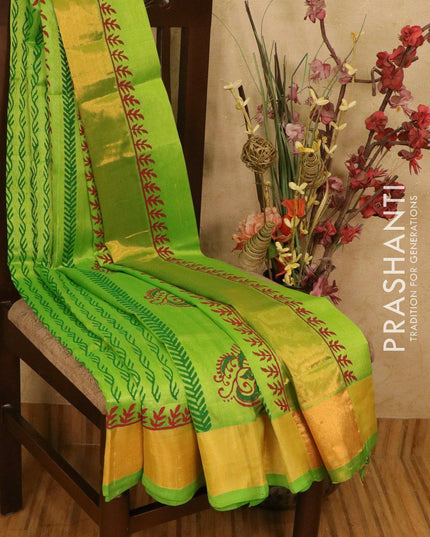 Silk cotton block printed saree parrot green with allover prints and zari woven border - {{ collection.title }} by Prashanti Sarees