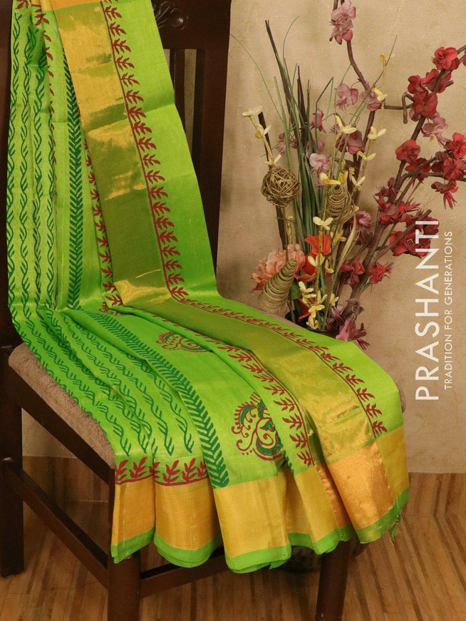 Silk cotton block printed saree parrot green with allover prints and zari woven border - {{ collection.title }} by Prashanti Sarees