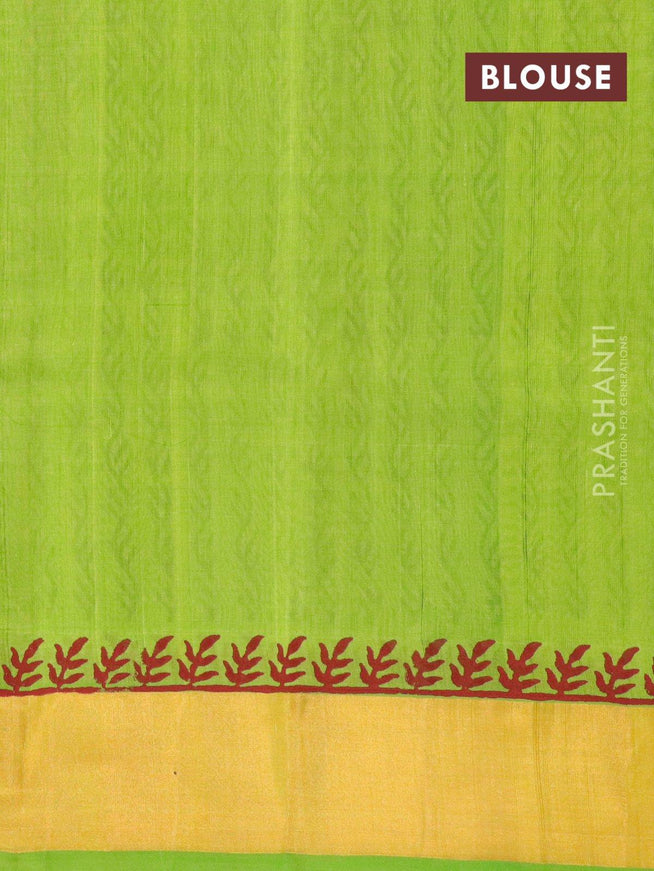 Silk cotton block printed saree parrot green with allover prints and zari woven border - {{ collection.title }} by Prashanti Sarees