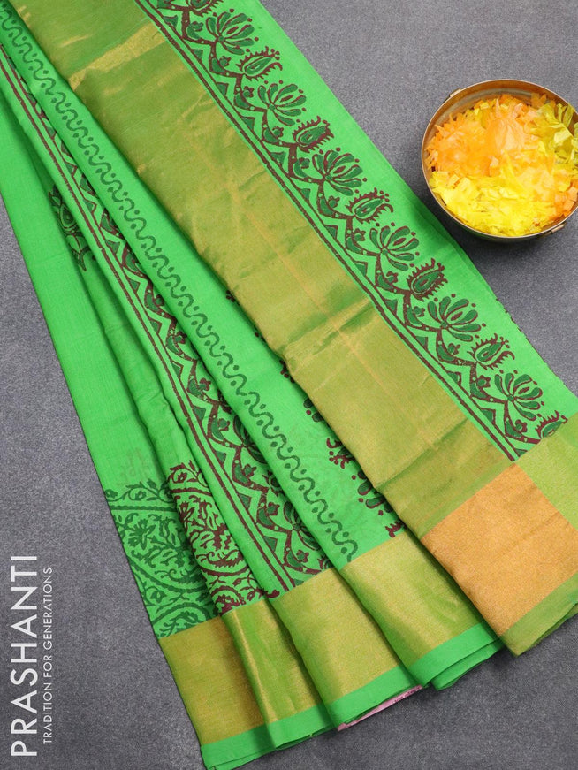 Silk cotton block printed saree parrot green with butta prints and zari woven border - {{ collection.title }} by Prashanti Sarees