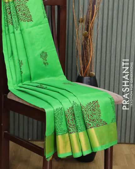 Silk cotton block printed saree parrot green with butta prints and zari woven border - {{ collection.title }} by Prashanti Sarees