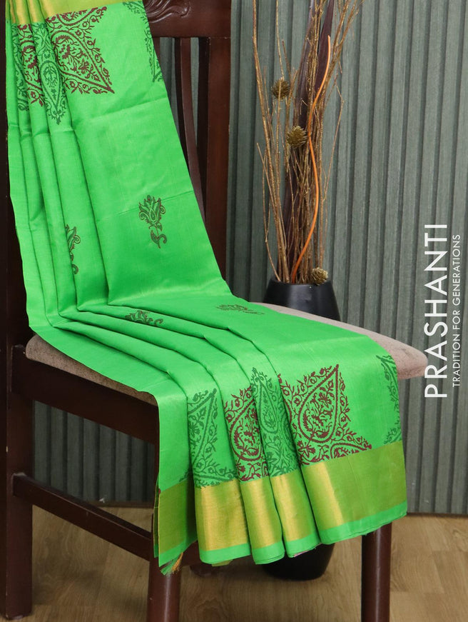 Silk cotton block printed saree parrot green with butta prints and zari woven border - {{ collection.title }} by Prashanti Sarees