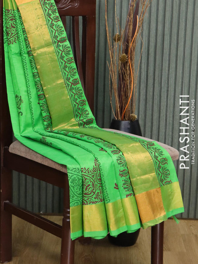 Silk cotton block printed saree parrot green with butta prints and zari woven border - {{ collection.title }} by Prashanti Sarees