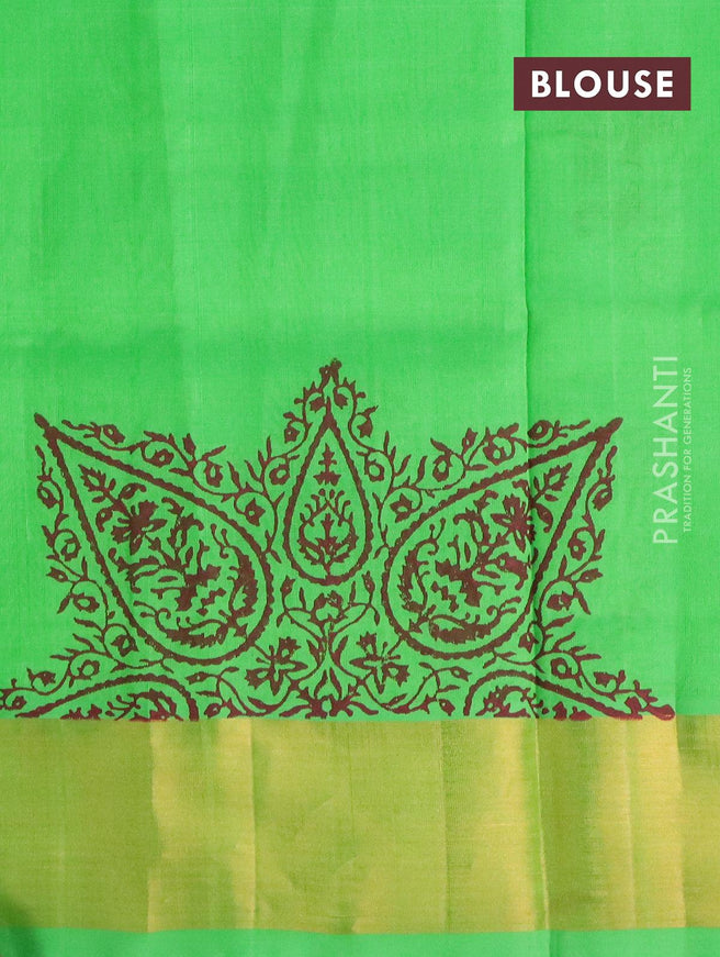 Silk cotton block printed saree parrot green with butta prints and zari woven border - {{ collection.title }} by Prashanti Sarees