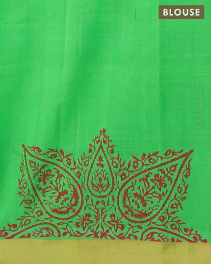 Silk cotton block printed saree parrot green with butta prints and zari woven border - {{ collection.title }} by Prashanti Sarees