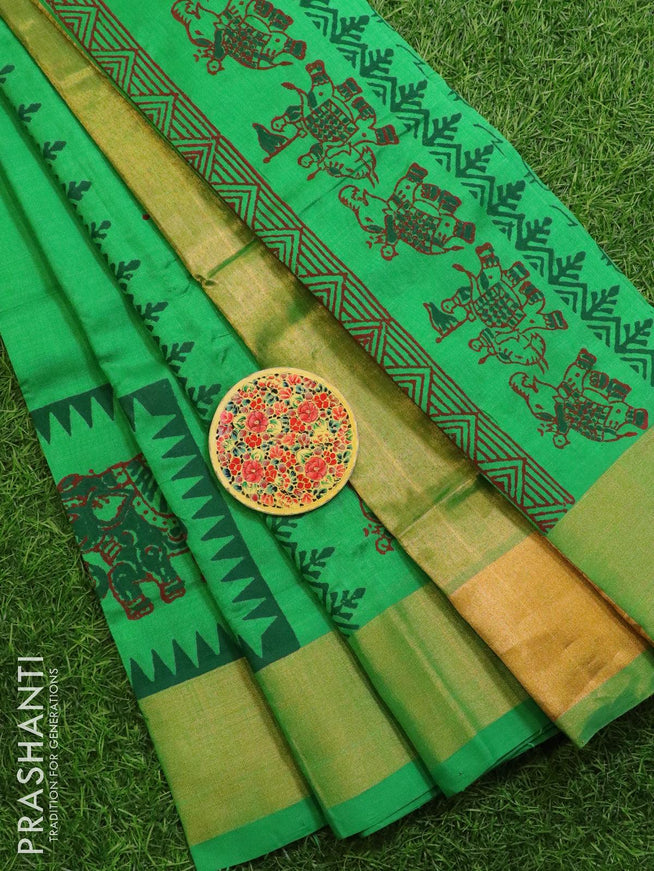 Silk cotton block printed saree parrot green with elephant butta prints and zari woven border - {{ collection.title }} by Prashanti Sarees