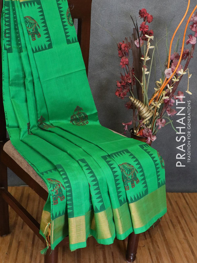Silk cotton block printed saree parrot green with elephant butta prints and zari woven border - {{ collection.title }} by Prashanti Sarees