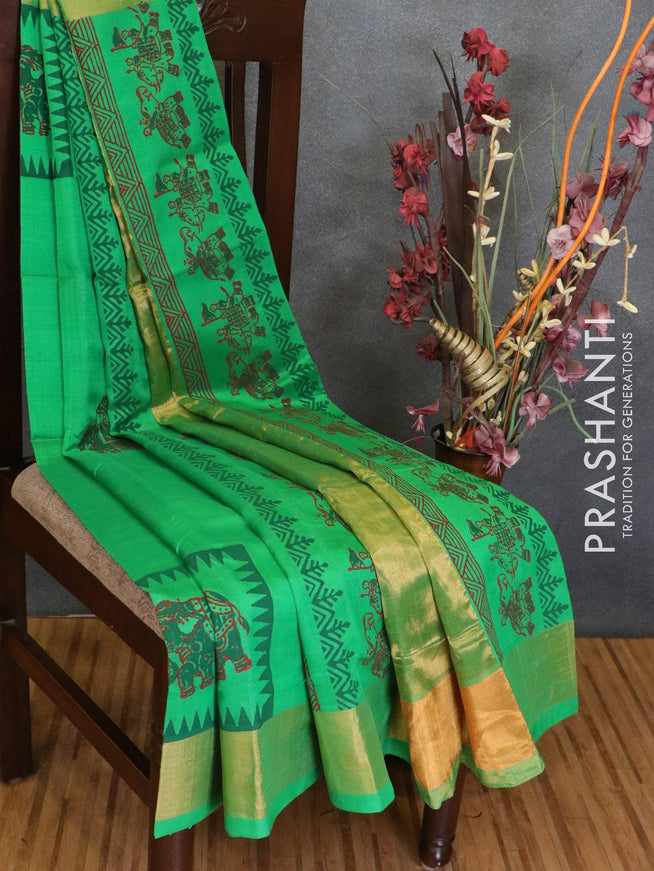 Silk cotton block printed saree parrot green with elephant butta prints and zari woven border - {{ collection.title }} by Prashanti Sarees