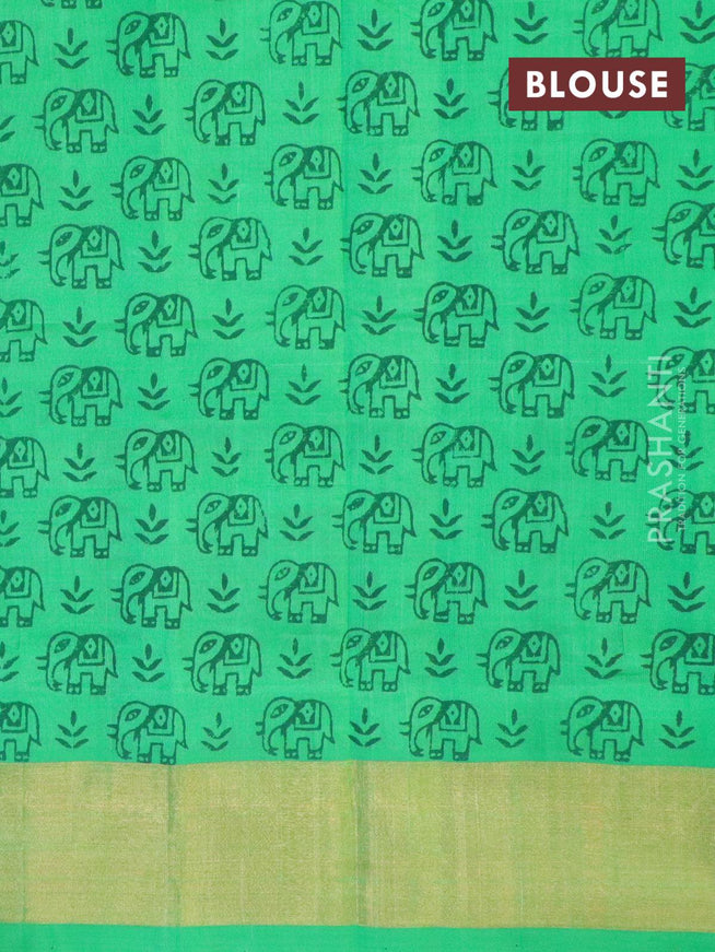 Silk cotton block printed saree parrot green with elephant butta prints and zari woven border - {{ collection.title }} by Prashanti Sarees