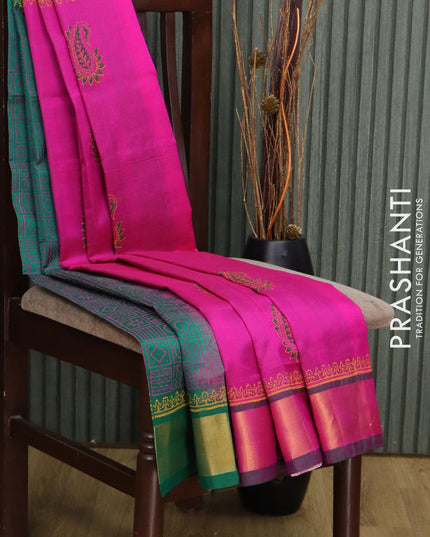 Silk cotton block printed saree pink and green with butta prints and zari woven border - {{ collection.title }} by Prashanti Sarees