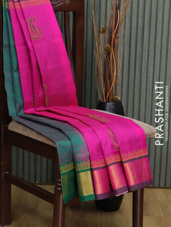Silk cotton block printed saree pink and green with butta prints and zari woven border - {{ collection.title }} by Prashanti Sarees