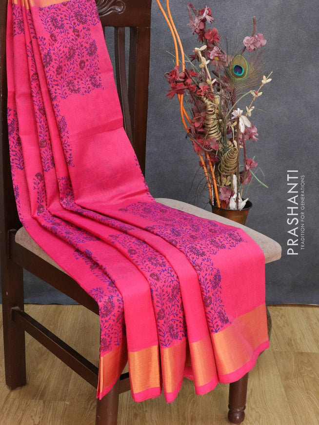 Silk cotton block printed saree pink with allover floral prints and zari woven border - {{ collection.title }} by Prashanti Sarees