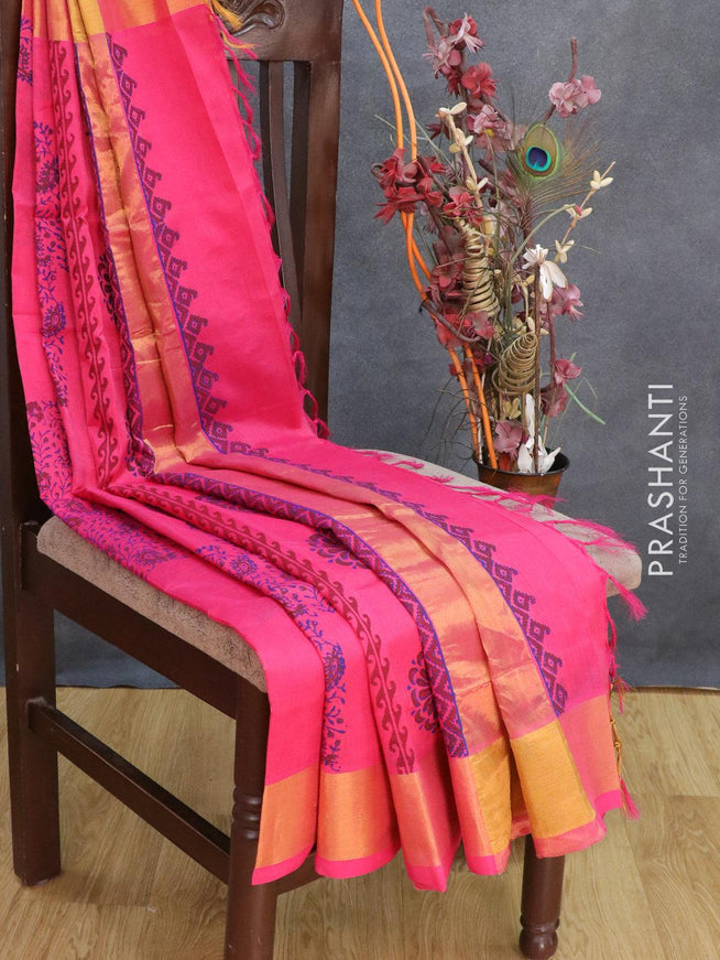 Silk cotton block printed saree pink with allover floral prints and zari woven border - {{ collection.title }} by Prashanti Sarees