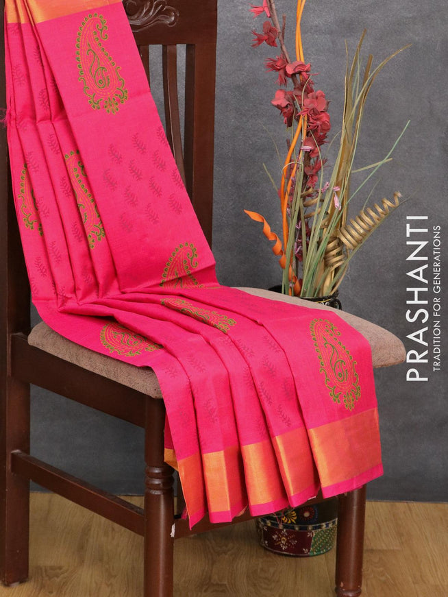 Silk cotton block printed saree pink with allover leaf butta prints and zari woven border - {{ collection.title }} by Prashanti Sarees