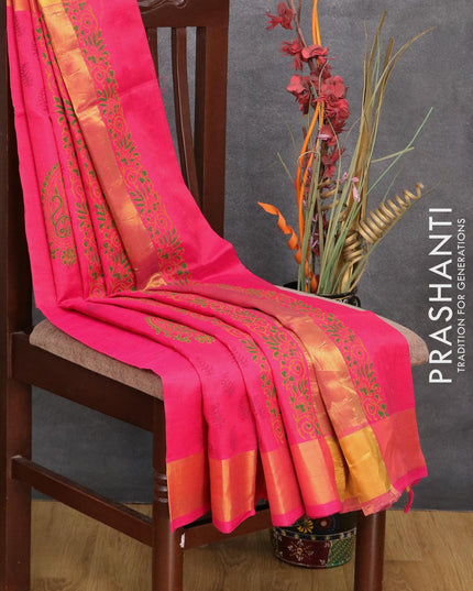 Silk cotton block printed saree pink with allover leaf butta prints and zari woven border - {{ collection.title }} by Prashanti Sarees