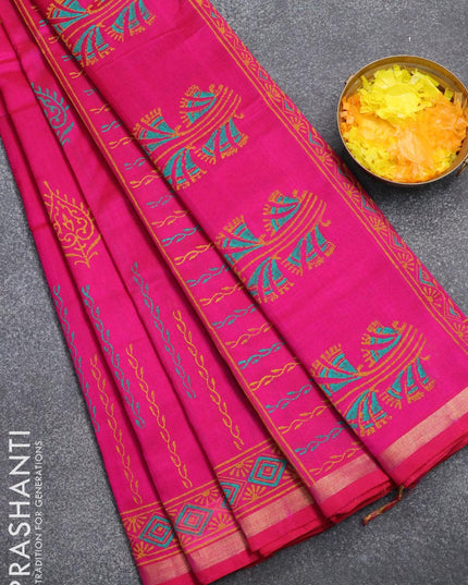 Silk cotton block printed saree pink with allover prints and small zari woven border - {{ collection.title }} by Prashanti Sarees