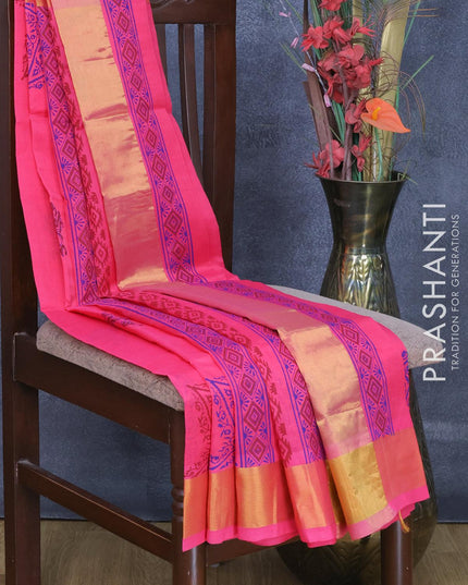 Silk cotton block printed saree pink with butta prints and zari woven border - {{ collection.title }} by Prashanti Sarees