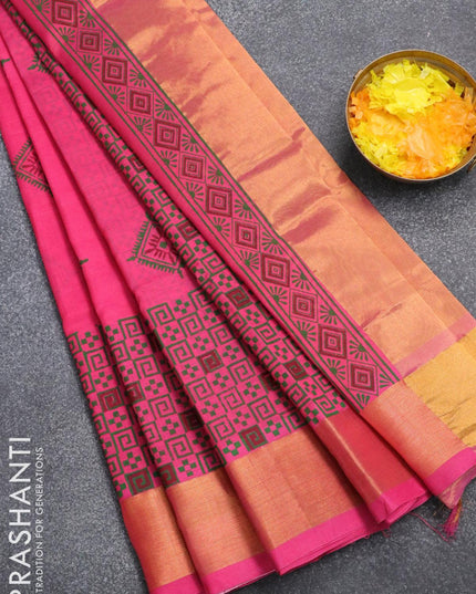 Silk cotton block printed saree pink with geometric butta prints and zari woven border - {{ collection.title }} by Prashanti Sarees