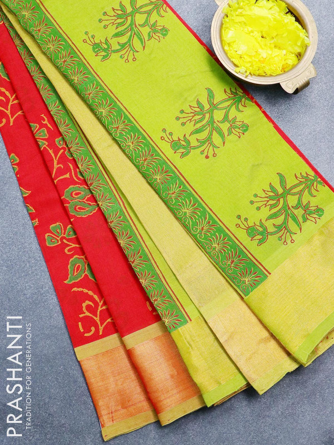 Silk cotton block printed saree red and light green with allover prints and zari woven border - {{ collection.title }} by Prashanti Sarees