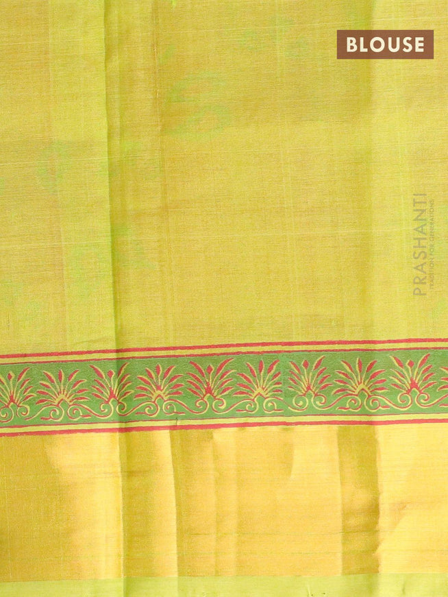 Silk cotton block printed saree red and light green with allover prints and zari woven border - {{ collection.title }} by Prashanti Sarees