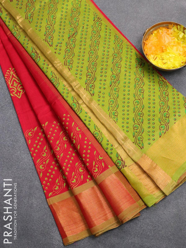 Silk cotton block printed saree red and light green with butta prints and zari woven border - {{ collection.title }} by Prashanti Sarees