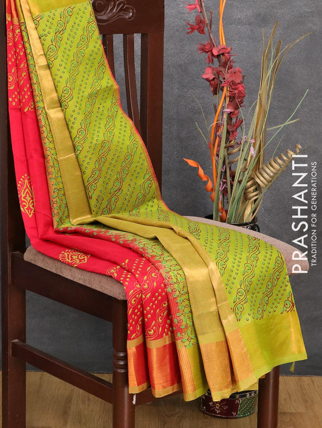 Silk cotton block printed saree red and light green with butta prints and zari woven border - {{ collection.title }} by Prashanti Sarees