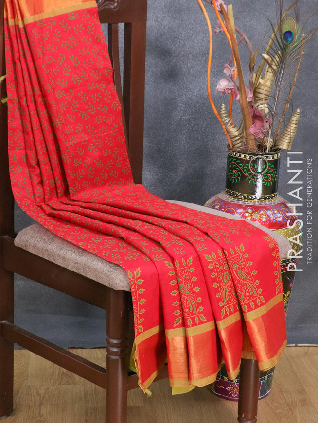 Silk cotton block printed saree red and mehendi green with allover leaf butta prints and zari woven border - {{ collection.title }} by Prashanti Sarees