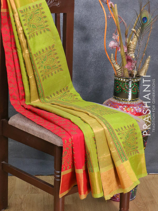 Silk cotton block printed saree red and mehendi green with allover leaf butta prints and zari woven border - {{ collection.title }} by Prashanti Sarees