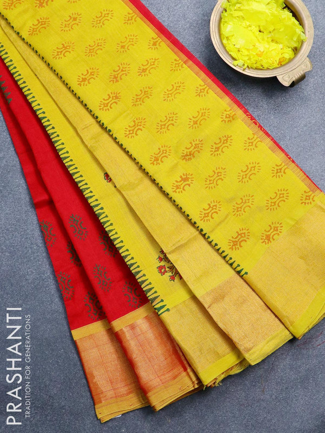Silk cotton block printed saree red and yellow with allover butta prints and zari woven border - {{ collection.title }} by Prashanti Sarees