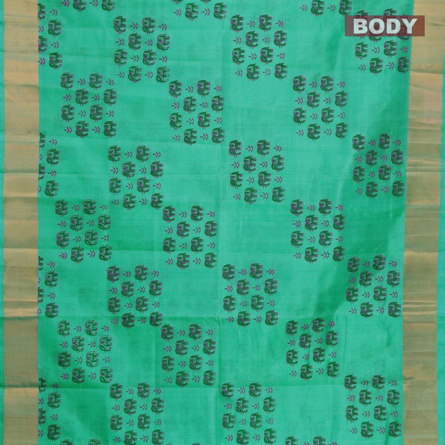 Silk cotton block printed saree teal blue with elephant butta prints and zari woven border - {{ collection.title }} by Prashanti Sarees