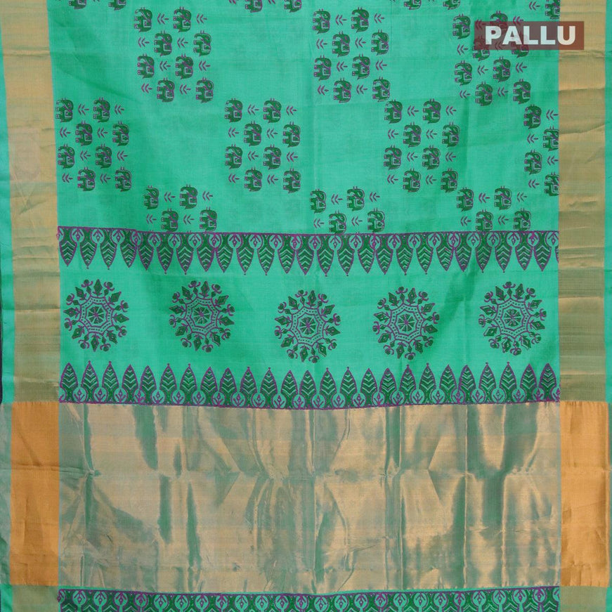 Silk cotton block printed saree teal blue with elephant butta prints and zari woven border - {{ collection.title }} by Prashanti Sarees