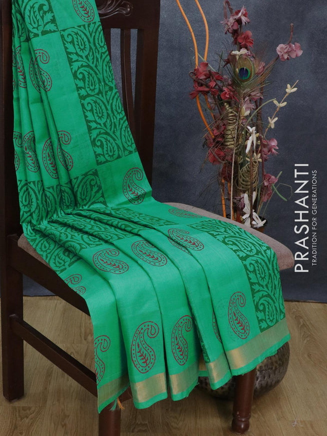 Silk cotton block printed saree teal green shade with allover prints and small zari woven border - {{ collection.title }} by Prashanti Sarees
