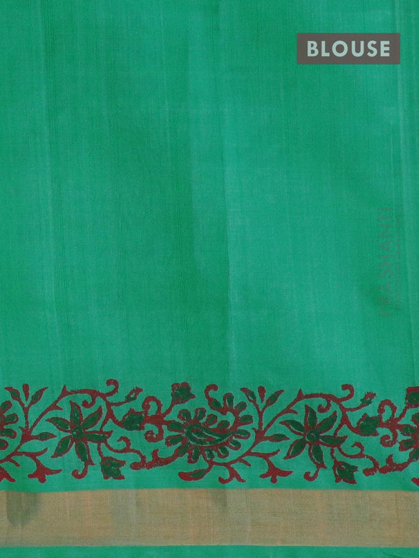 Silk cotton block printed saree teal green shade with allover prints and small zari woven border - {{ collection.title }} by Prashanti Sarees
