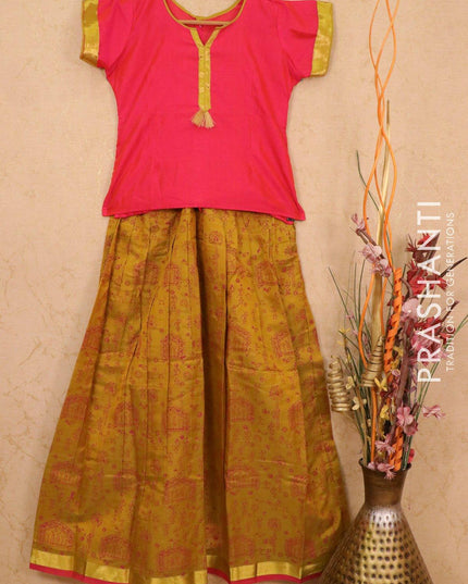 Silk cotton kids lehanga pink and mustard shade with simple neck pattern and printed bottom for 12 years - {{ collection.title }} by Prashanti Sarees