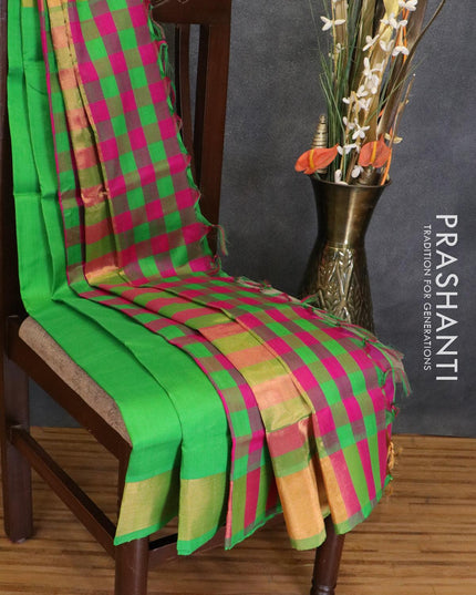 Silk cotton partly saree parrot green and pink with plain body and pallu checks - {{ collection.title }} by Prashanti Sarees