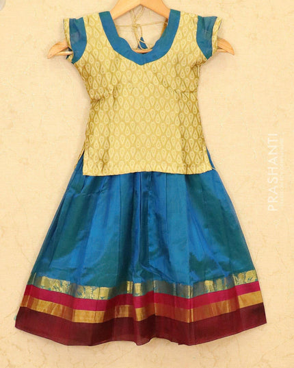Silk cotton pavadai sattai peacock blue and gold with zari woven blouse and zari border for 4 years - {{ collection.title }} by Prashanti Sarees