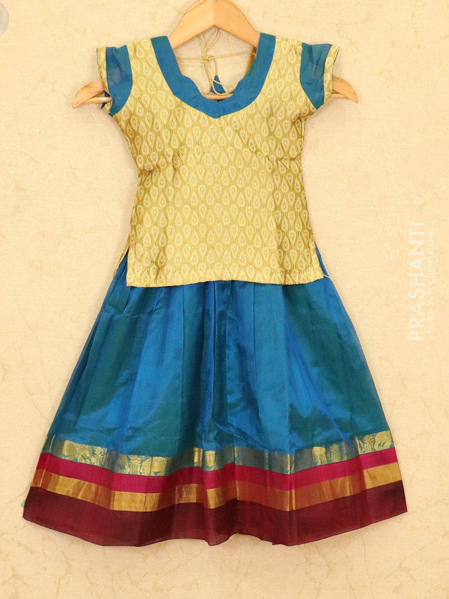Silk cotton pavadai sattai peacock blue and gold with zari woven blouse and zari border for 4 years - {{ collection.title }} by Prashanti Sarees