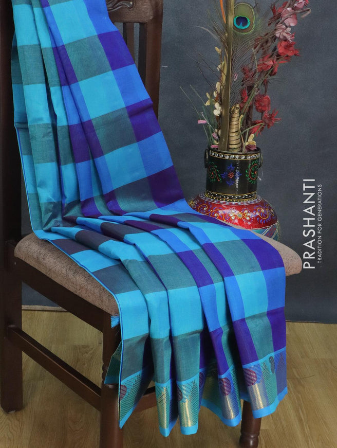 Silk cotton saree blue and light blue with allover paalum pazhamum checks & temple buttas and temple zari woven border - {{ collection.title }} by Prashanti Sarees