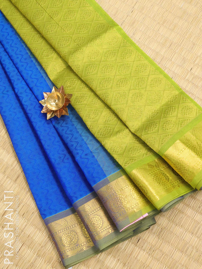 Silk cotton saree blue and light green with allover self emboss jacquard and zari woven border - {{ collection.title }} by Prashanti Sarees