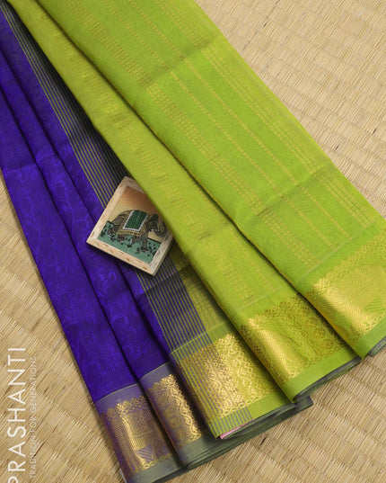 Silk cotton saree blue and lime green with allover self emboss jacquard and elephant zari woven border - {{ collection.title }} by Prashanti Sarees