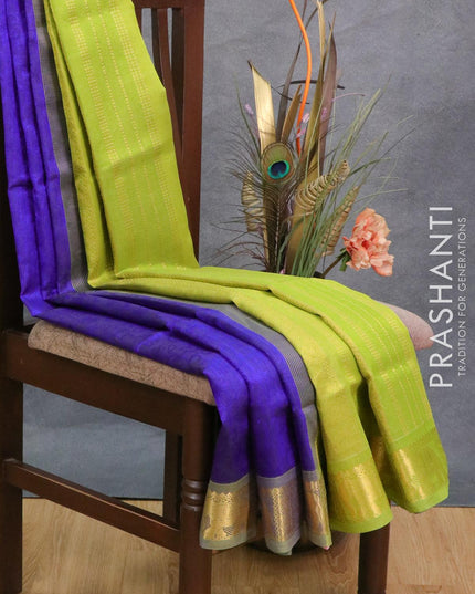 Silk cotton saree blue and lime green with allover self emboss jacquard and elephant zari woven border - {{ collection.title }} by Prashanti Sarees