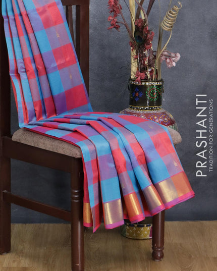 Silk cotton saree blue and pink shade with paalum pazhamum checks & zari buttas and zari woven border - {{ collection.title }} by Prashanti Sarees