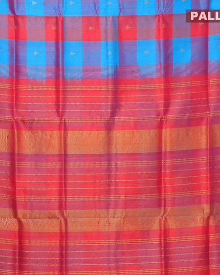 Silk cotton saree blue and pink shade with paalum pazhamum checks & zari buttas and zari woven border - {{ collection.title }} by Prashanti Sarees