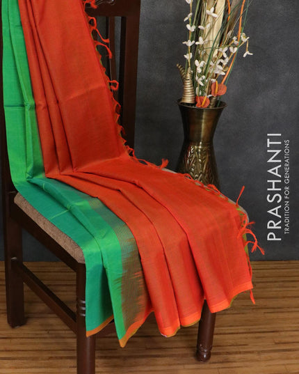 Silk cotton saree dual shade of light green and orange with plain body and piping border - {{ collection.title }} by Prashanti Sarees