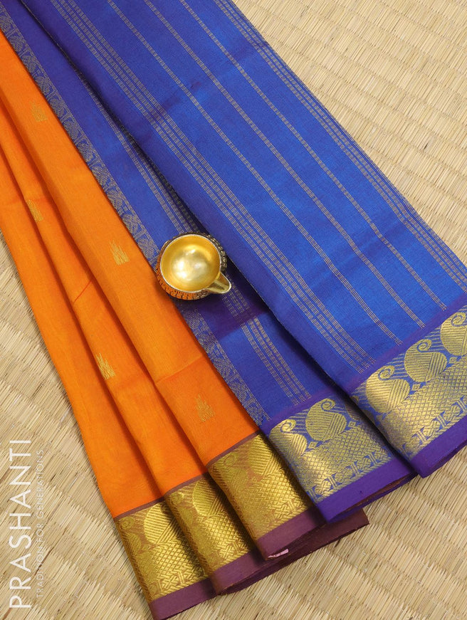 Silk cotton saree dual shade of yellowish orange and cs blue with allover temple zari woven buttas and paisley zari woven border - {{ collection.title }} by Prashanti Sarees