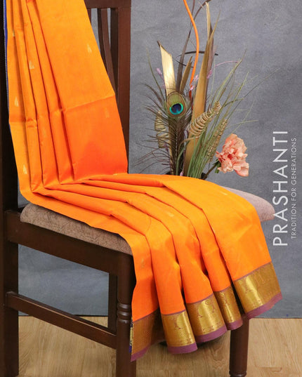Silk cotton saree dual shade of yellowish orange and cs blue with allover temple zari woven buttas and paisley zari woven border - {{ collection.title }} by Prashanti Sarees