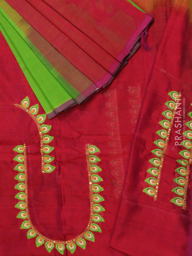 Silk cotton saree green and dual shade of red with piping border and embroided blouse - {{ collection.title }} by Prashanti Sarees
